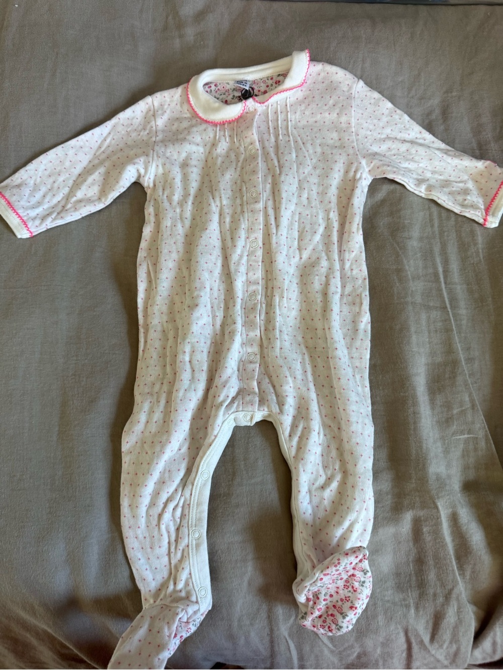 Petit Bateau White One-Piece Footed Pajamas with Pink Dots